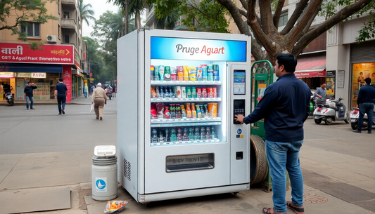 A vending machine being serviced in an urban Delhi setting