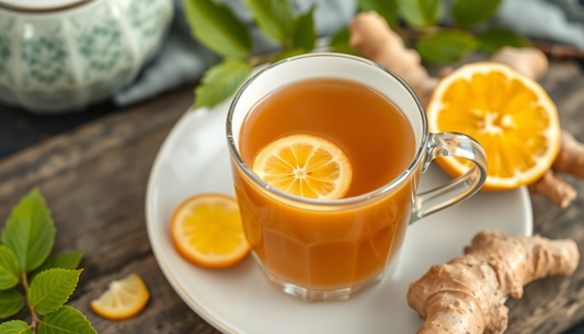 A steaming cup of ginger tea with fresh ginger roots