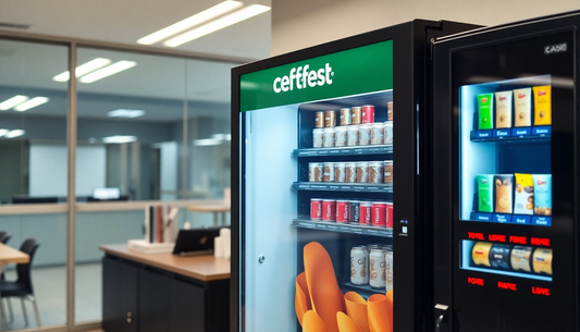 A vending machine dispensing coffee in an office