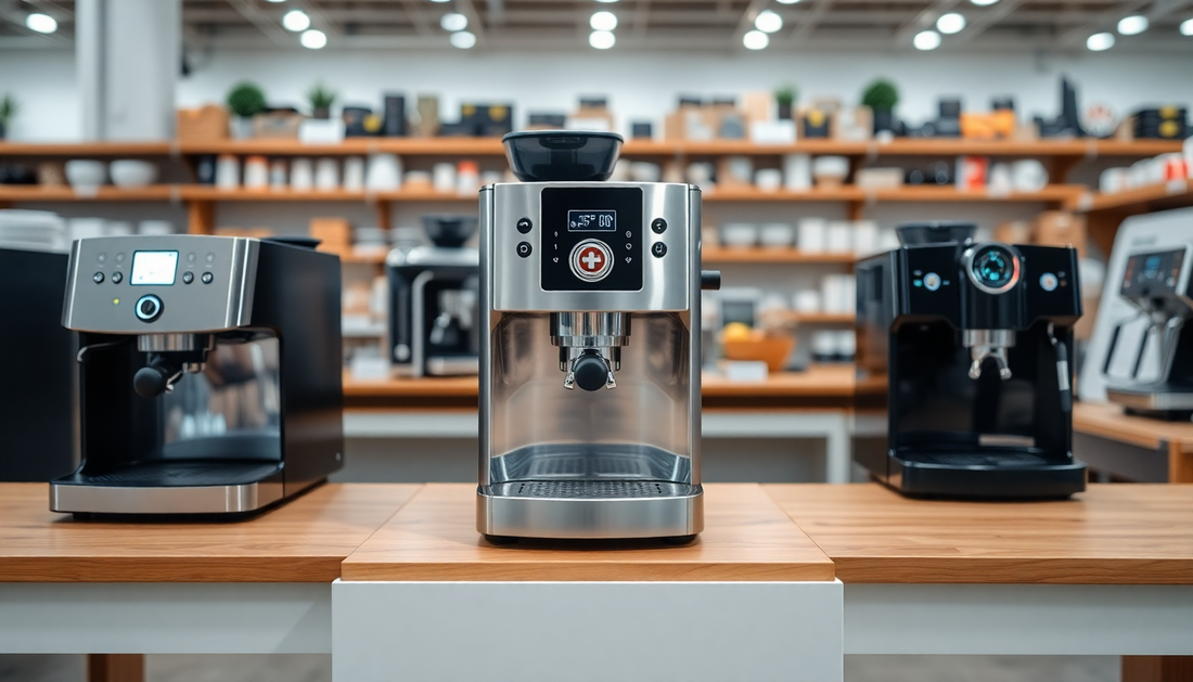Modern espresso machines displayed on wooden countertop in store with ATLANTIS RICH COFFEE PREMIX branding