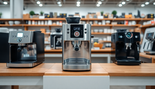 Modern espresso machines displayed on wooden countertop in store with ATLANTIS RICH COFFEE PREMIX branding