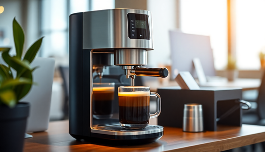 Modern office coffee machine brewing fresh coffee in workspace