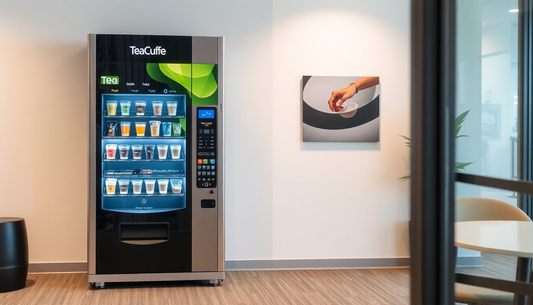 Modern coffee vending machine Noida with various coffee options in a clean office lounge area