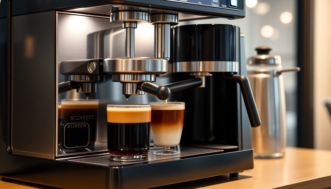 Modern office coffee machine brewing fresh coffee