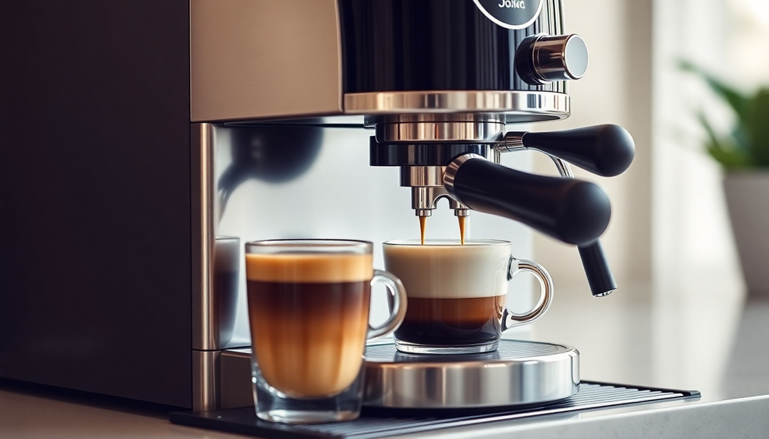 Close-up of espresso machine brewing coffee with two cups on a counter Amazon coffee machine Ghaziabad