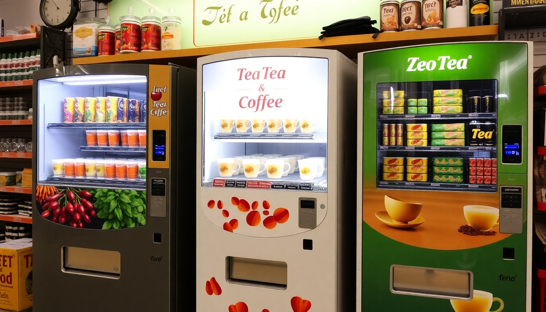 Tea and coffee vending machines displayed in a Delhi shop