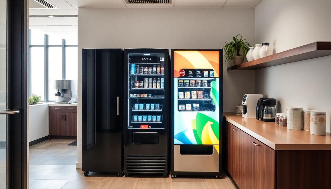 A modern office pantry with coffee vending machines