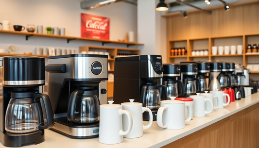 Row of modern coffee makers with white mugs displayed on counter by Amazon coffee maker supplier Noida
