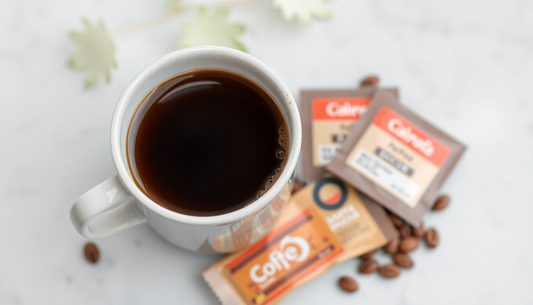 Cup of black coffee with instant coffee premix sachets and coffee beans highlighting Instant Coffee Premix on Amazon India