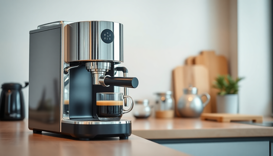 Modern coffee machine brewing espresso on kitchen counter with Amazon coffee machine Faridabad keyword