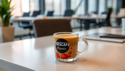 A cup of Nescafe premix coffee in an office setting