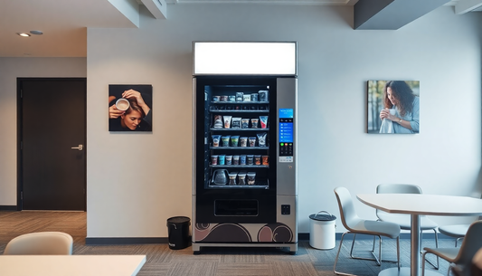 Modern automated coffee machine in a cozy office lounge with seating and wall art