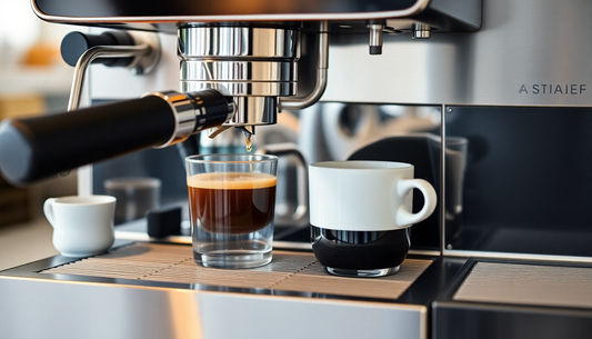 A sleek commercial coffee machine brewing fresh coffee