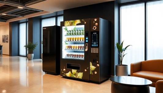 A modern tea coffee vending machine in an office lobby