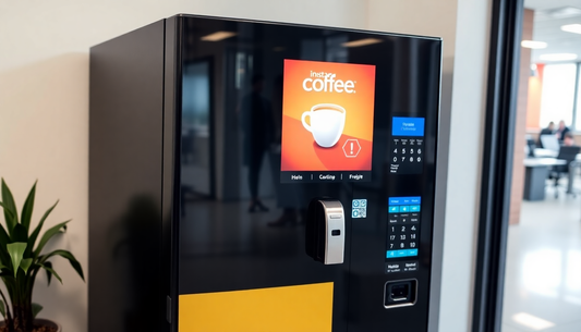 Modern black coffee vending machine with digital display showing instaff coffee and CONDINTAL COFFEE MACHINE PRIECE options