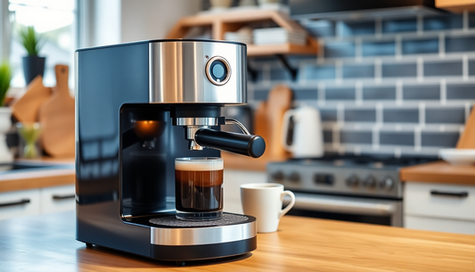 Modern coffee machine brewing espresso on wooden kitchen counter with cup beside it Amazon Coffee Machine in Faridabad