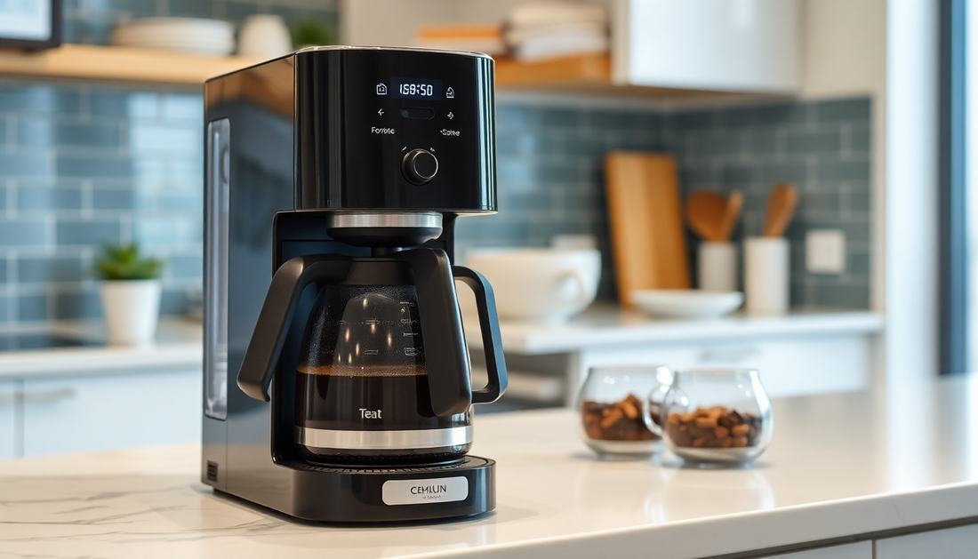 Modern black tea coffee machine on kitchen countertop showcasing tea coffee machine best price Delhi offer