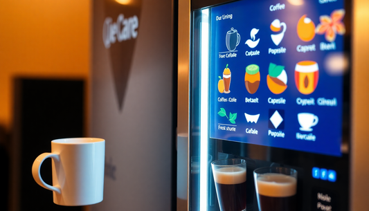 Commercial coffee vending machine dispensing fresh coffee