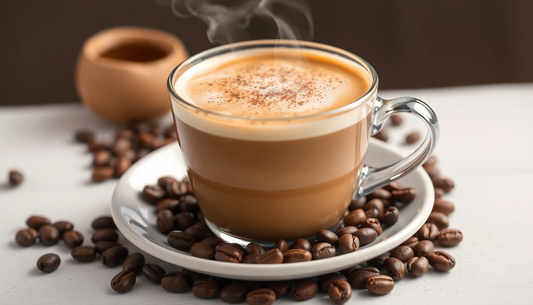 A steaming cup of cappuccino with coffee beans