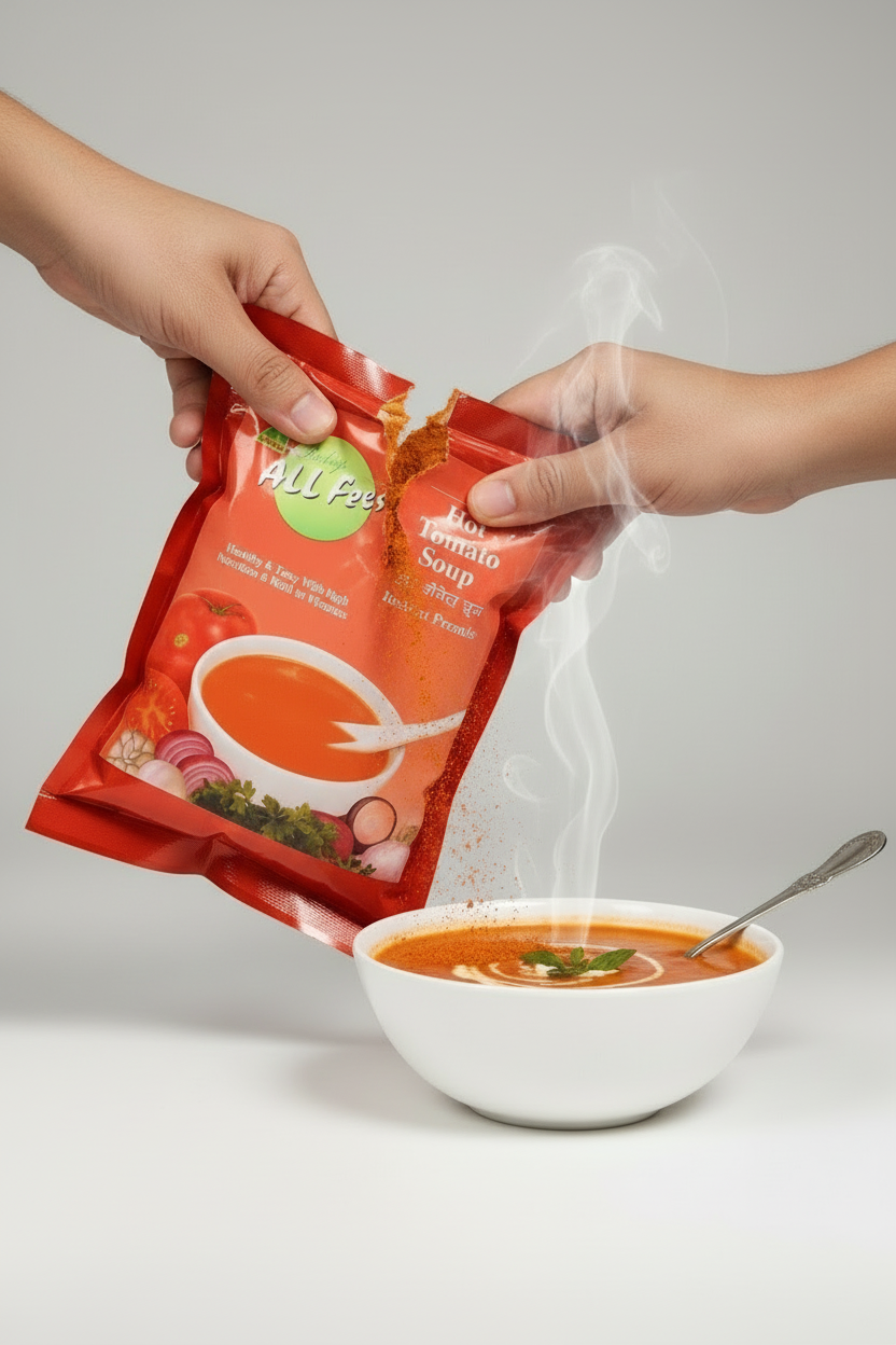 Pouring all fresh tomato soup 1kg from red packet into a white bowl with steam rising