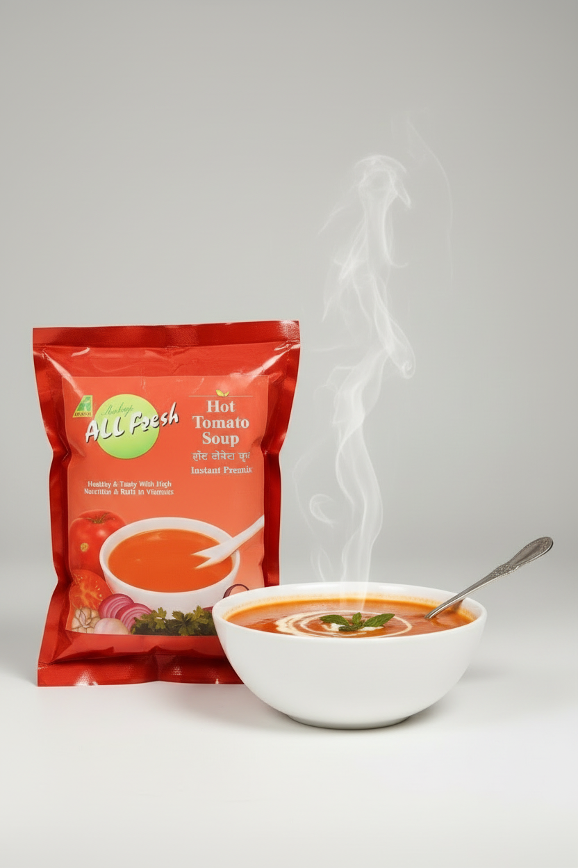 Steaming bowl of all fresh tomato soup 1kg with spoon and red soup packaging from TEA COFFEE VENDING SERVICE