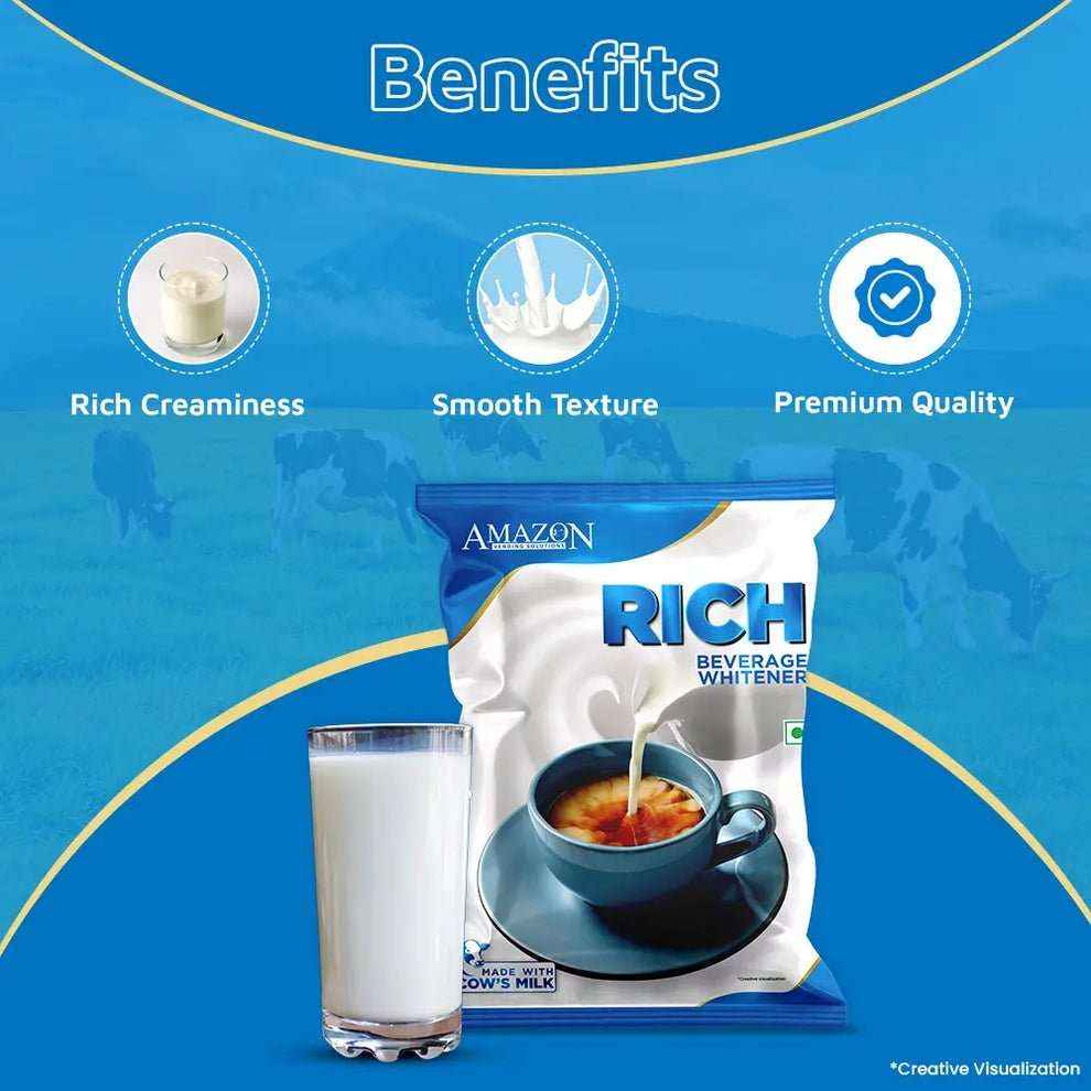 Atlantis rich milk coffee machine supplies pack with glass of milk highlighting rich creaminess and premium quality benefits