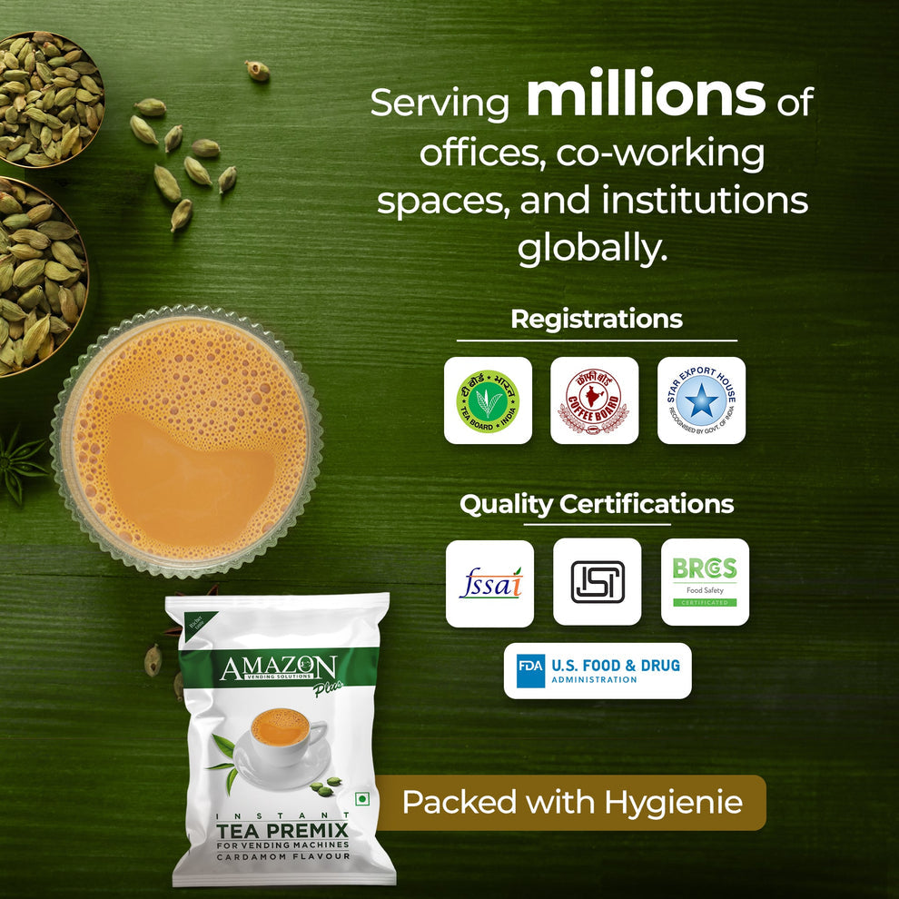 Cardamom tea premix for vending machines packet with brewed cardamom tea and cardamom pods on green background