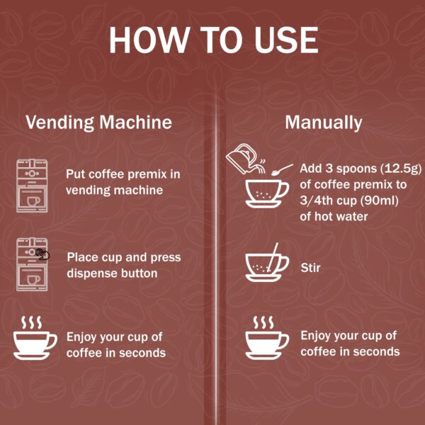 Instructions on how to use Amazon coffee premix powder with vending machine and manually with hot water