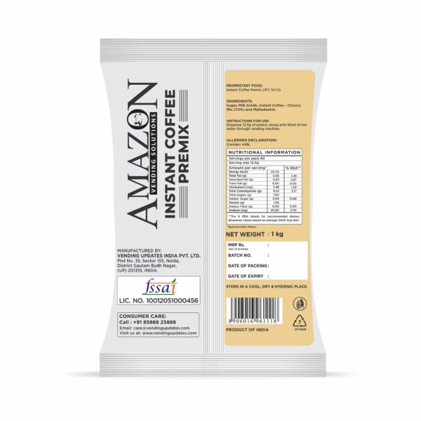 Amazon coffee premix powder white packet with detailed nutritional information and branding