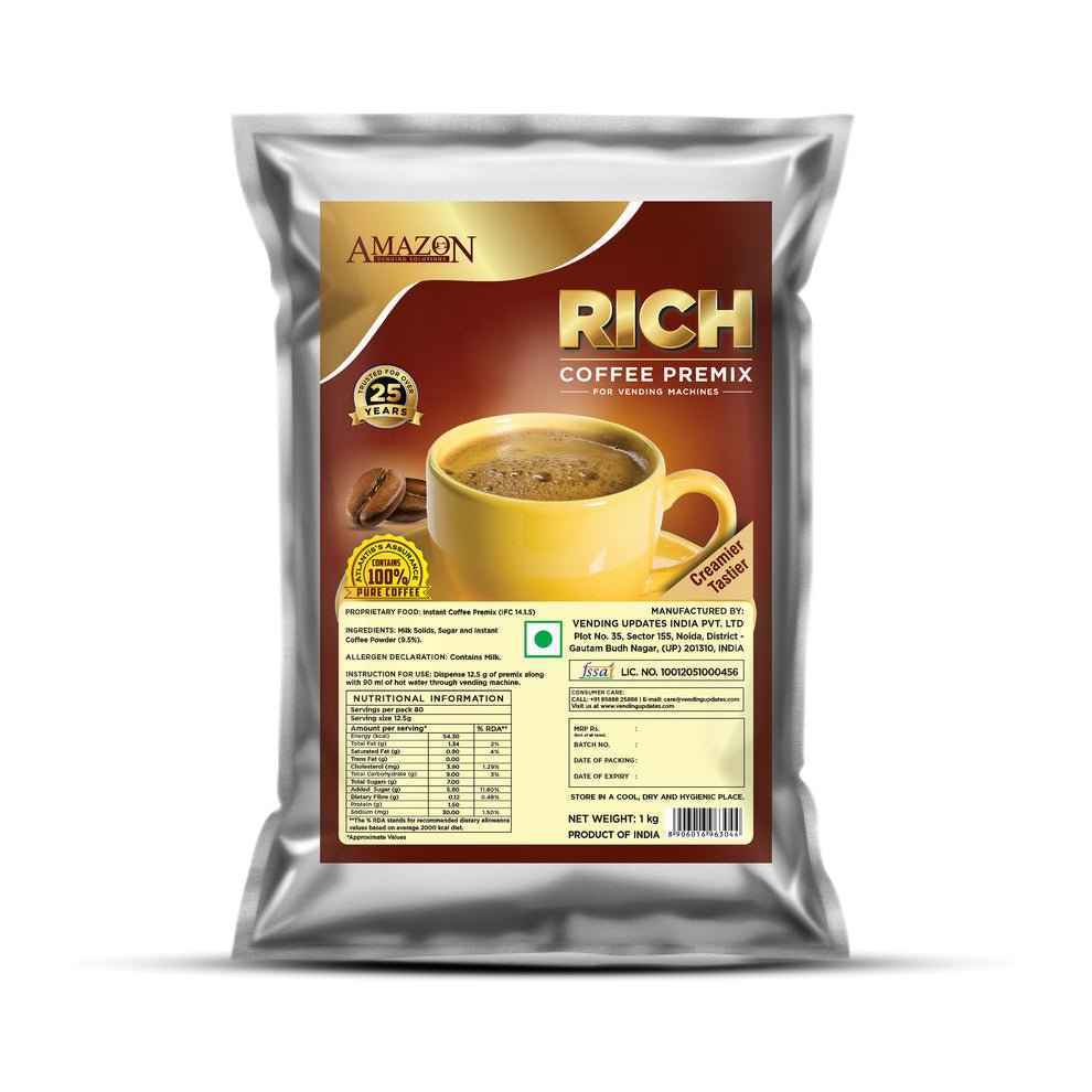 Amazon Gold Coffee Premix online in a silver packet with a yellow cup of coffee and coffee beans