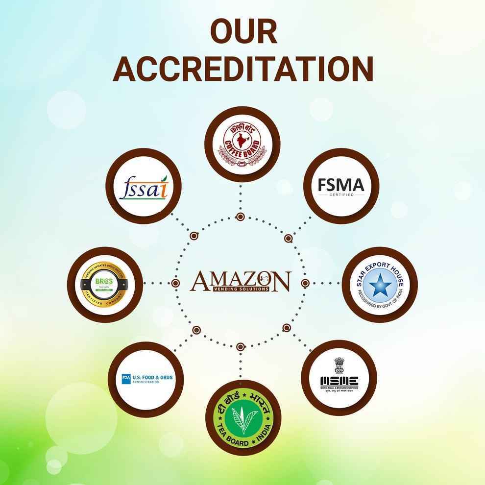 Accreditation logos for Amazon Gold Coffee Premix online from Tea coffee vending service