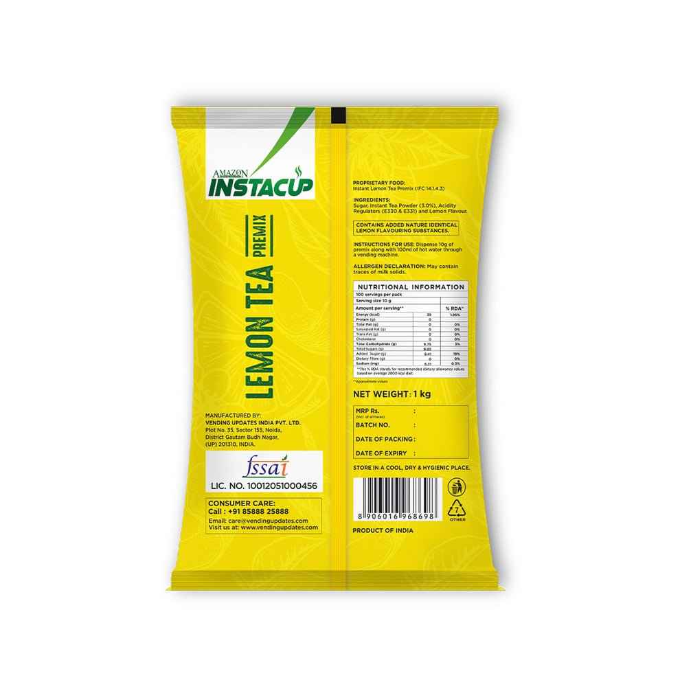 AMAZON Instacup Lemon Tea Powder 1kg pack with nutritional information and ingredient details