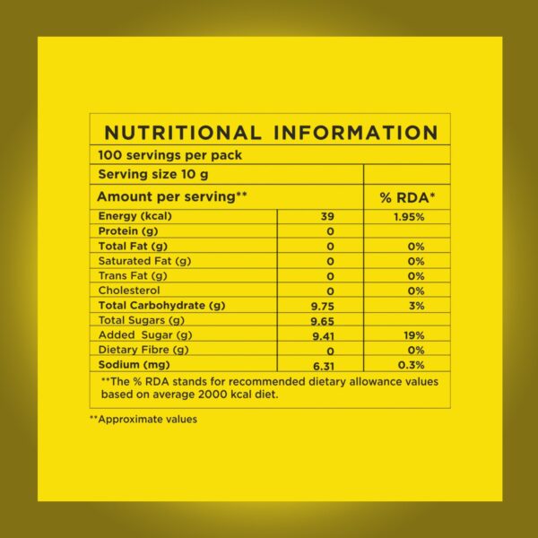 Nutritional information label for AMAZON Instacup Lemon Tea Powder with calorie and sugar content details