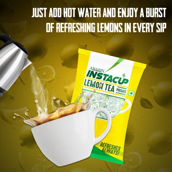 AMAZON Instacup Lemon Tea Powder packet with hot water pouring into white cup and lemon background