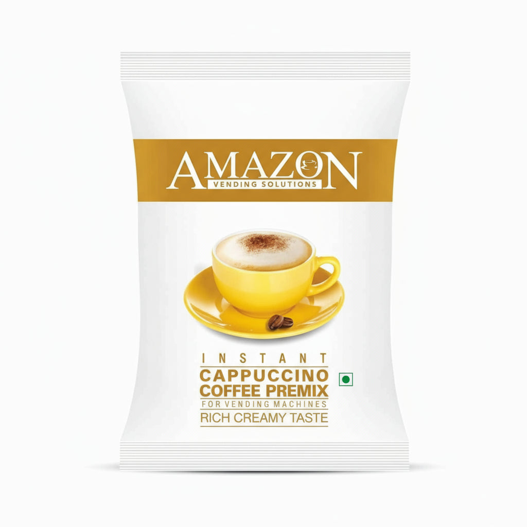 Amazon instant cappuccino powder packet with yellow cup of creamy cappuccino and coffee beans