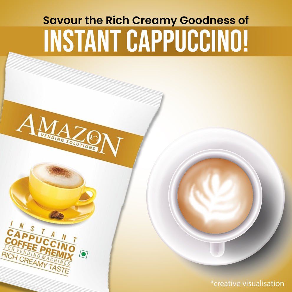 Amazon instant cappuccino powder pack next to a white cup of cappuccino with latte art on saucer