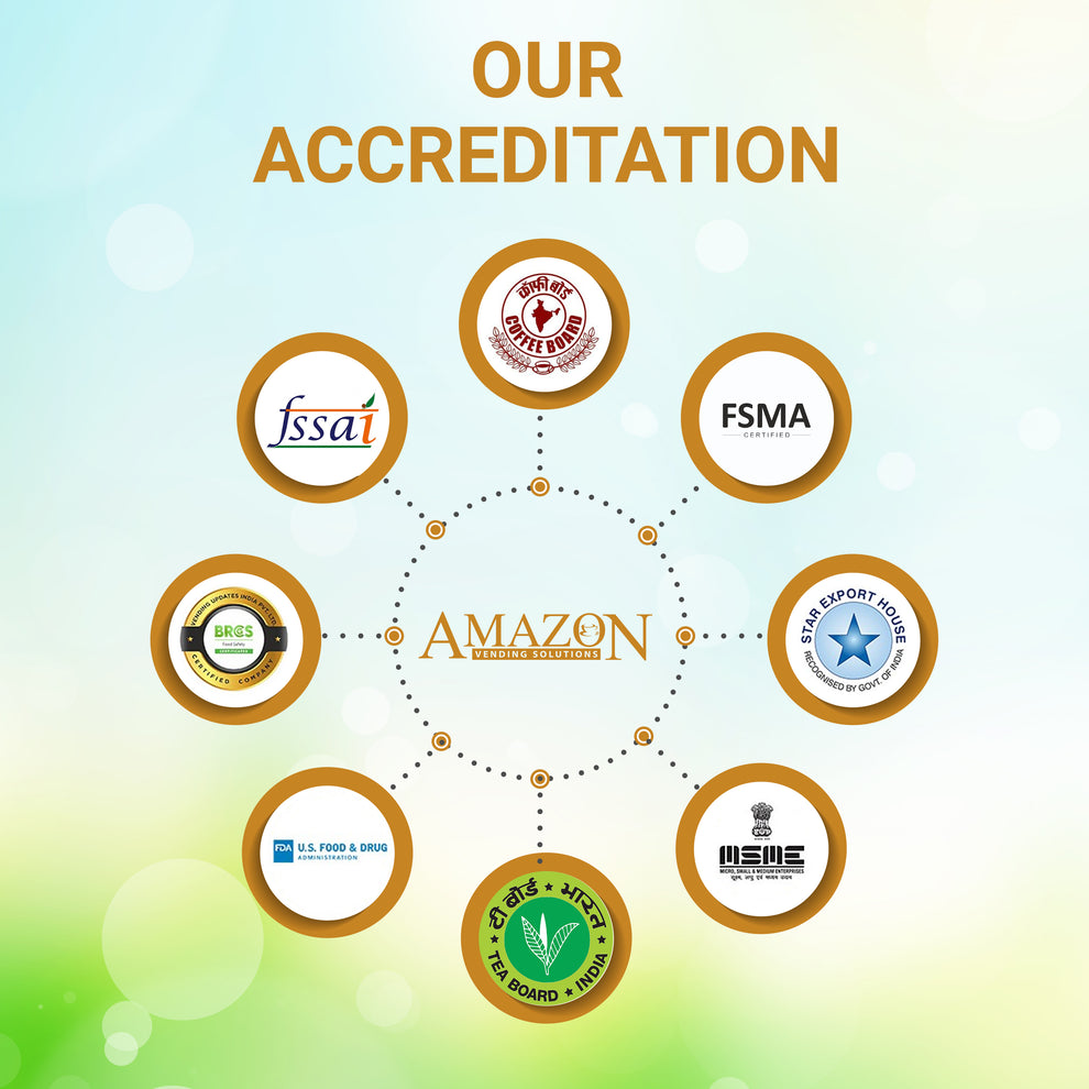 Certification logos arranged around Amazon vending solutions showcasing credibility for Amazon instant cappuccino powder