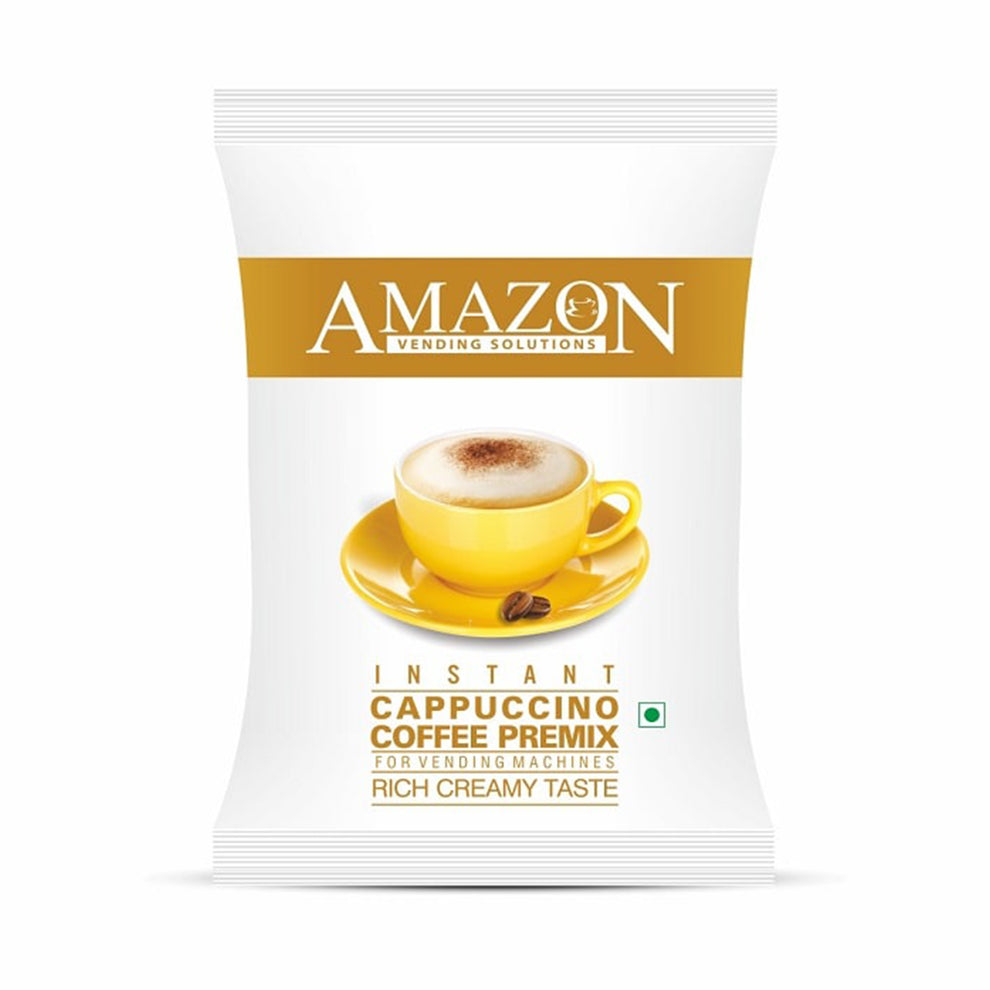 Amazon instant cappuccino powder sachet with creamy cappuccino in yellow cup on white background