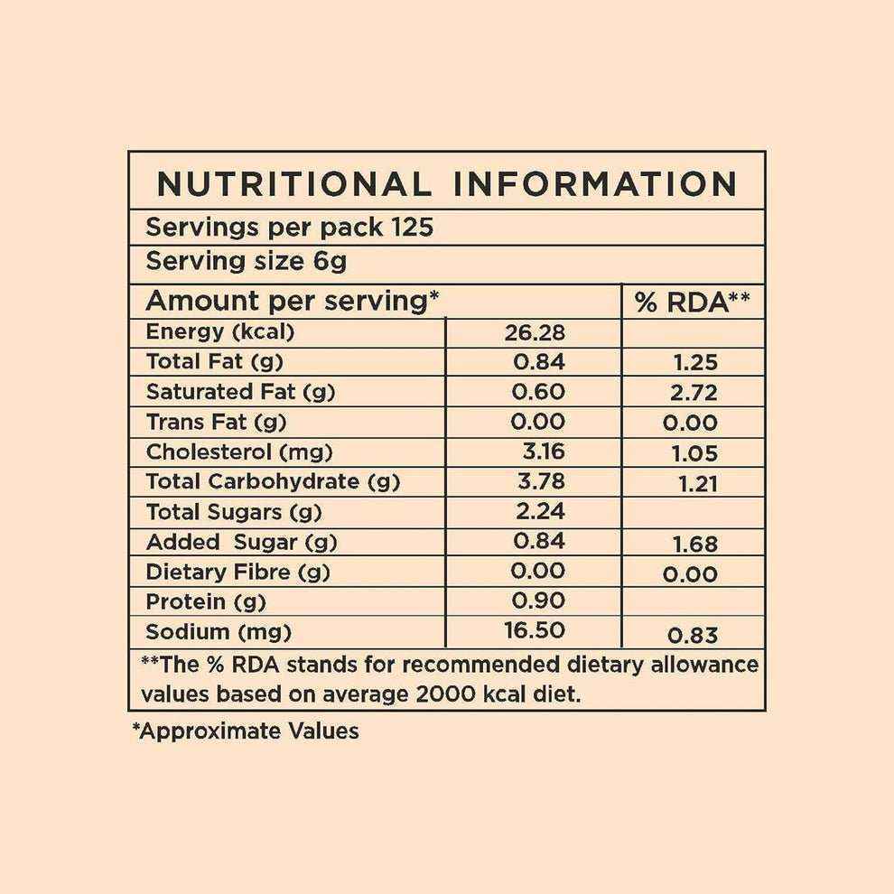 Nutritional information label for instant coffee premix 3 in 1 showing servings, calories, fats, sugars, and sodium content
