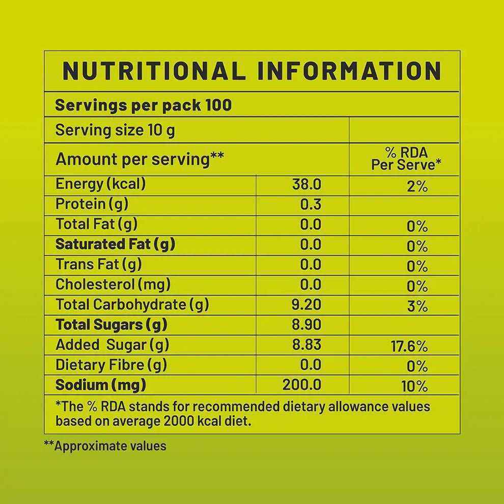 Nutritional information label for Amazon Instant Lemon Masala Tea Powder Premix showing calories, sugars, and sodium content