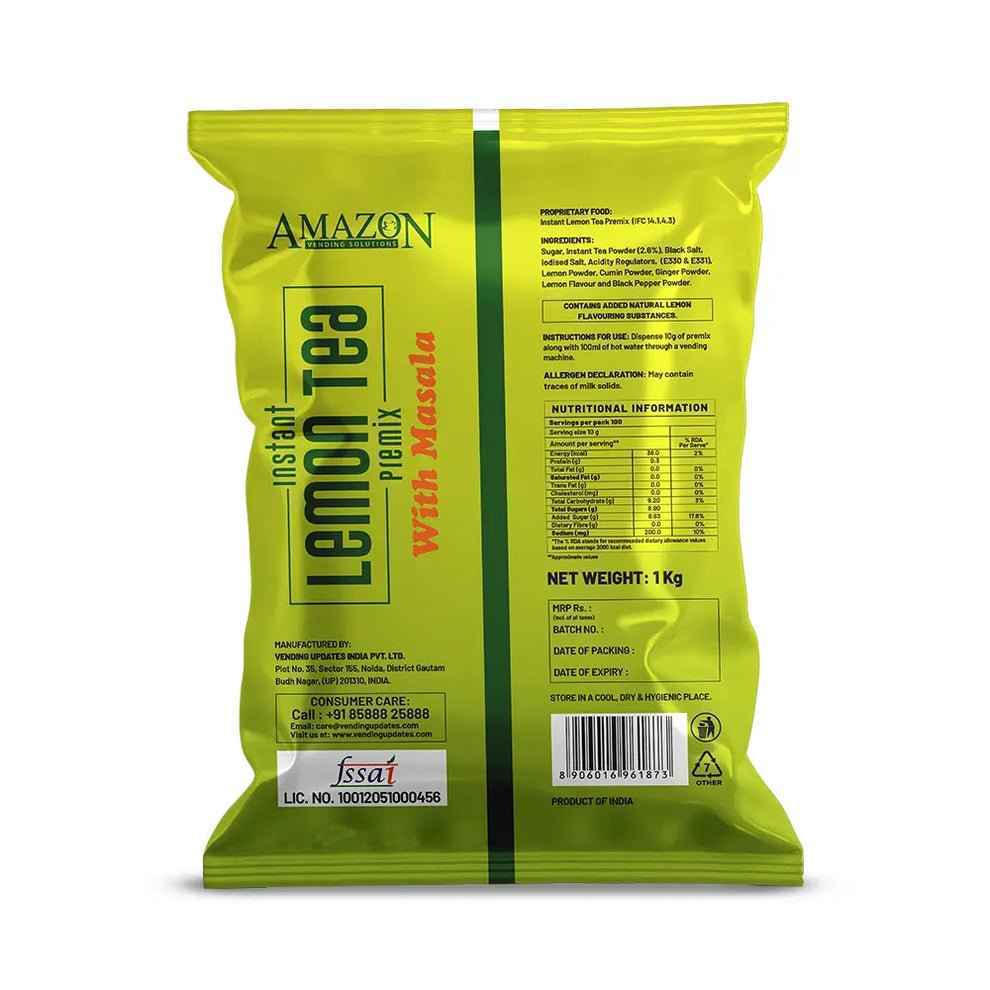 Amazon Instant Lemon Masala Tea Powder Premix 1kg pack with yellow and green packaging