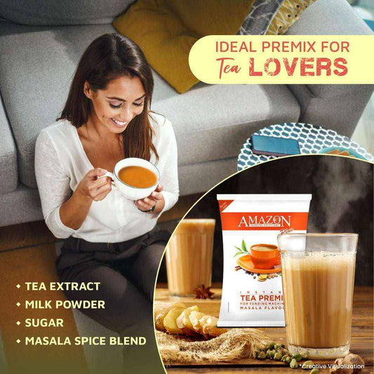 Instant masala chai premix with tea extract milk powder sugar and masala spice blend enjoyed by woman drinking chai