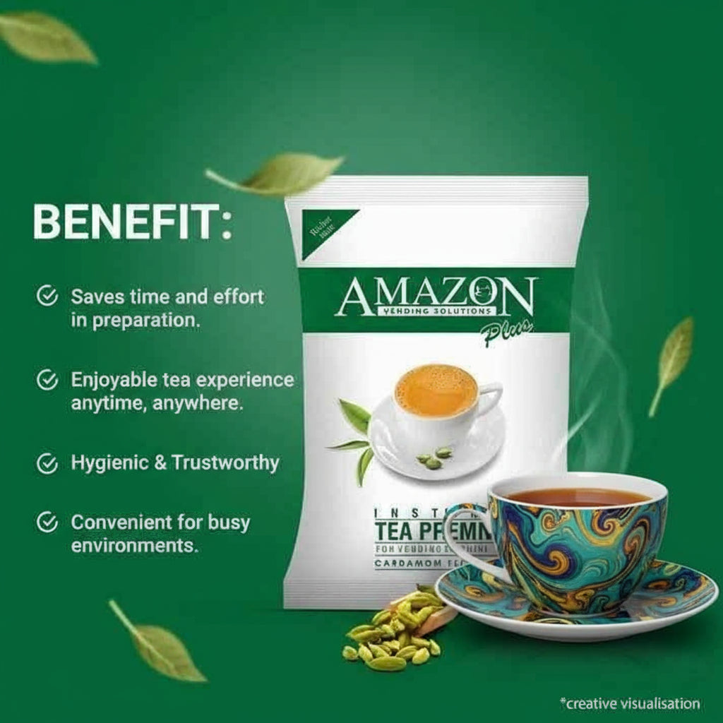 AMAZON Plus 3-in-1 Cardamom Tea Premix packet with steaming cup in colourful saucer showcasing convenient tea vending benefits