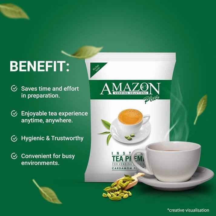 AMAZON Plus 3-in-1 Cardamom Tea Premix packet with steaming cup of tea and cardamom pods