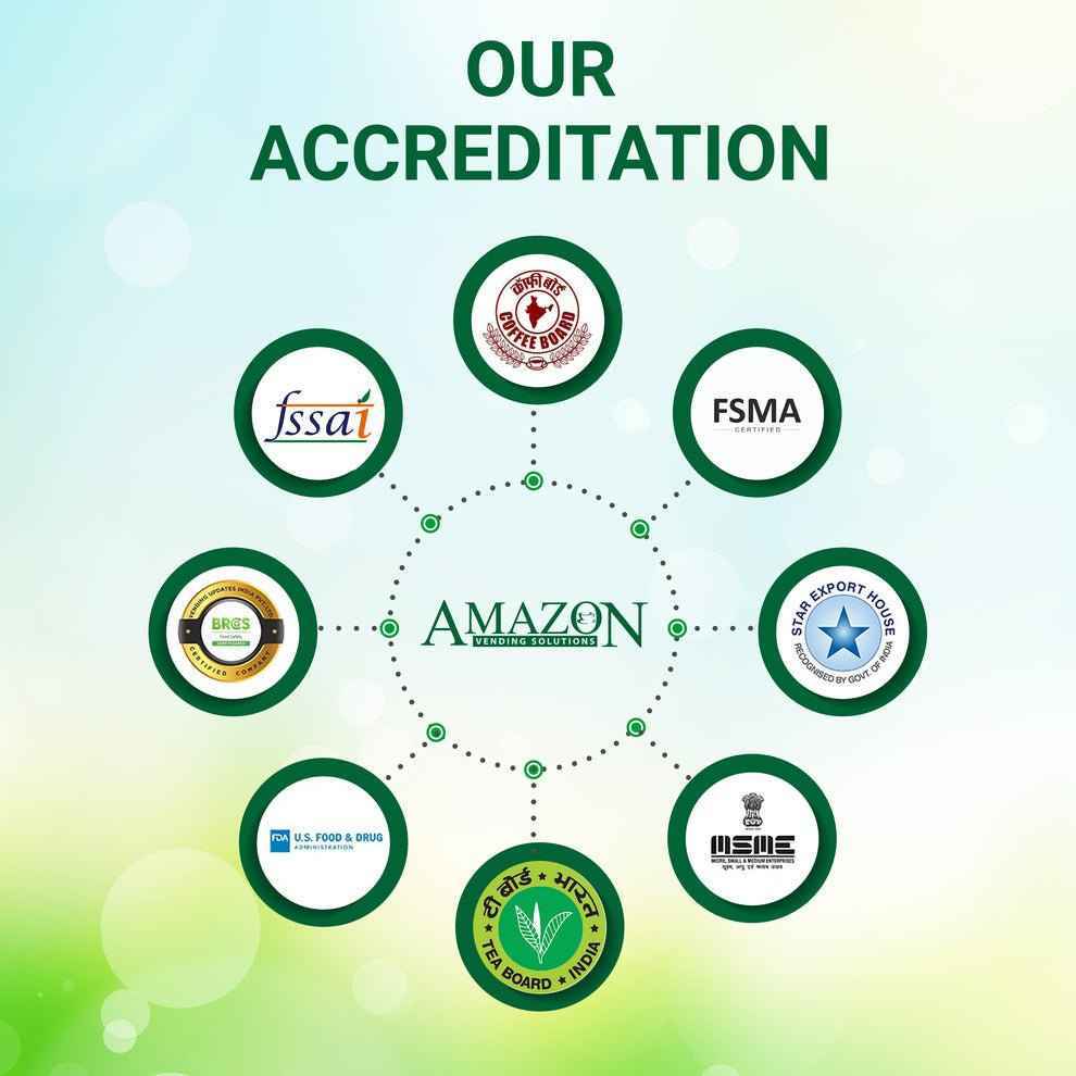 Certification logos showcasing accreditation for AMAZON Plus 3-in-1 Cardamom Tea Premix by Tea coffee vending service
