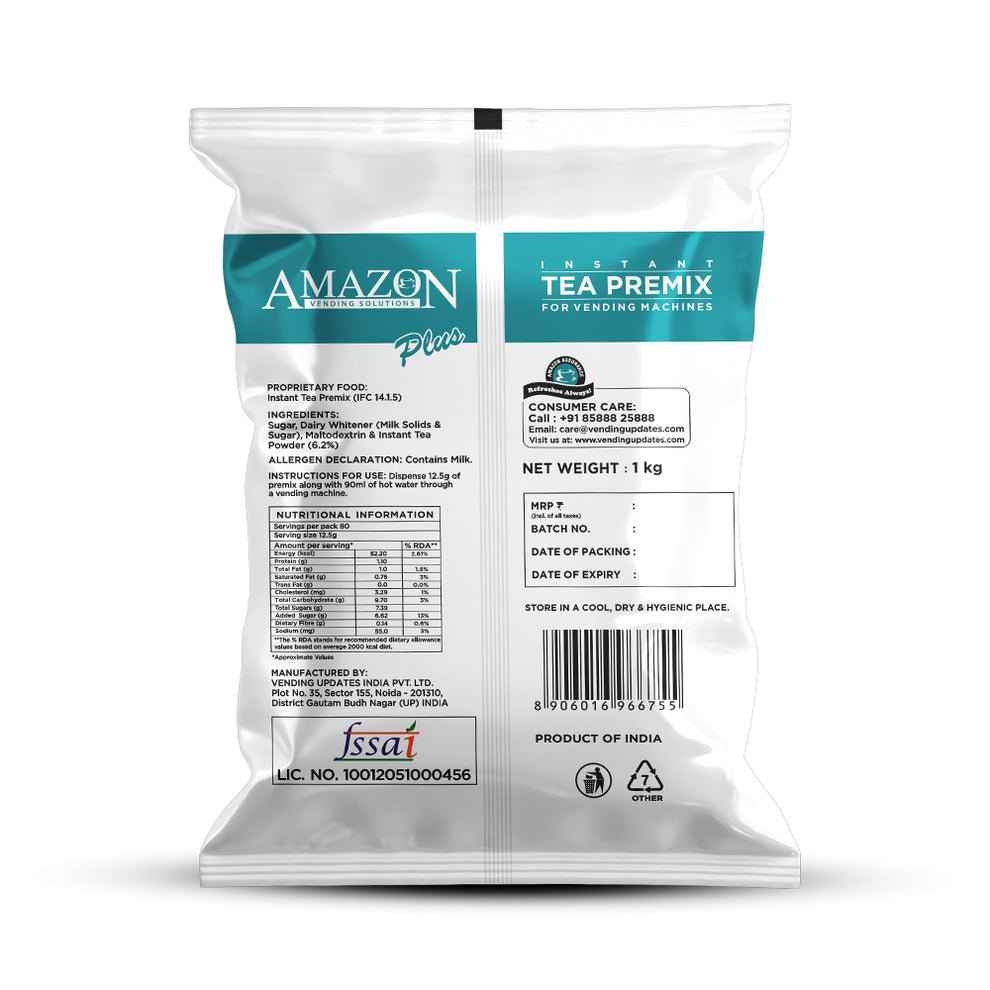 Amazon Plus Regular Tea Premix 1kg white packet for vending machines by Tea coffee vending service