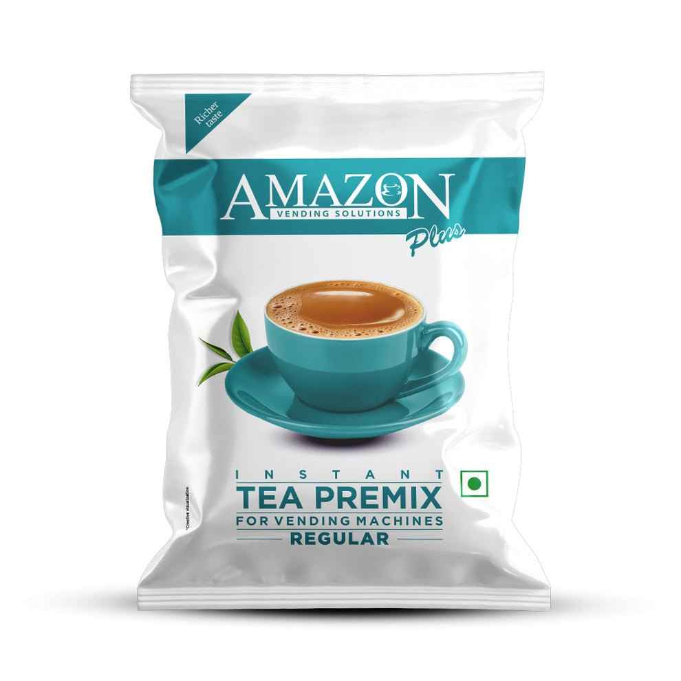 Amazon Plus Regular Tea Premix 1kg pack with teal cup of tea for vending machines