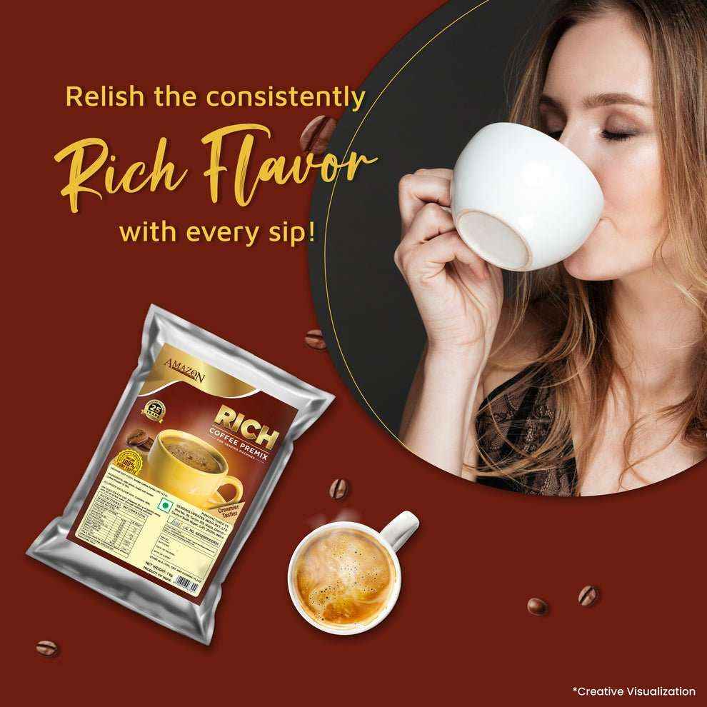 Amazon rich coffee premix packaging with a cup of coffee and woman enjoying coffee flavor
