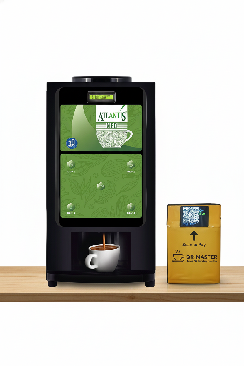 Atlantis 2 lane coffee vending for offices machine dispensing coffee into white cup with QR code payment box