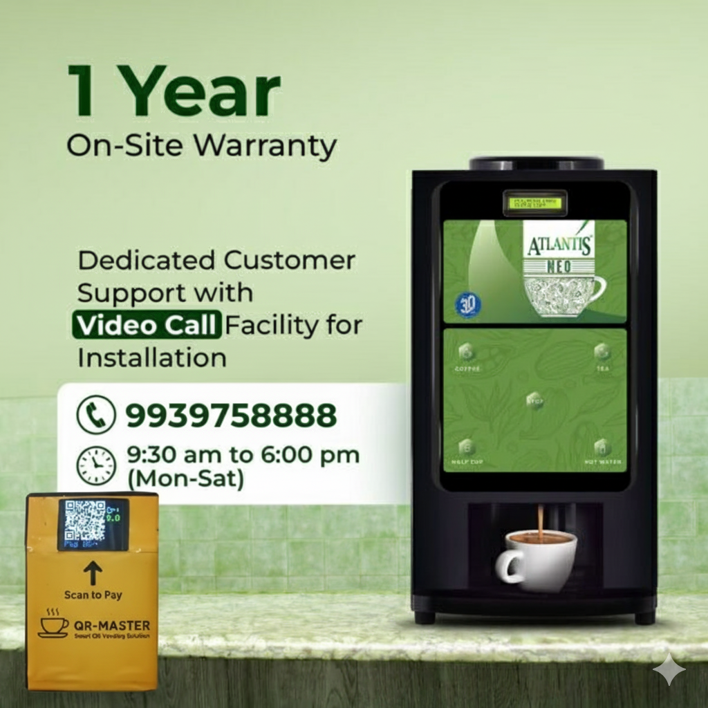 Atlantis 2 lane coffee vending for offices with 1 year on-site warranty and video call support